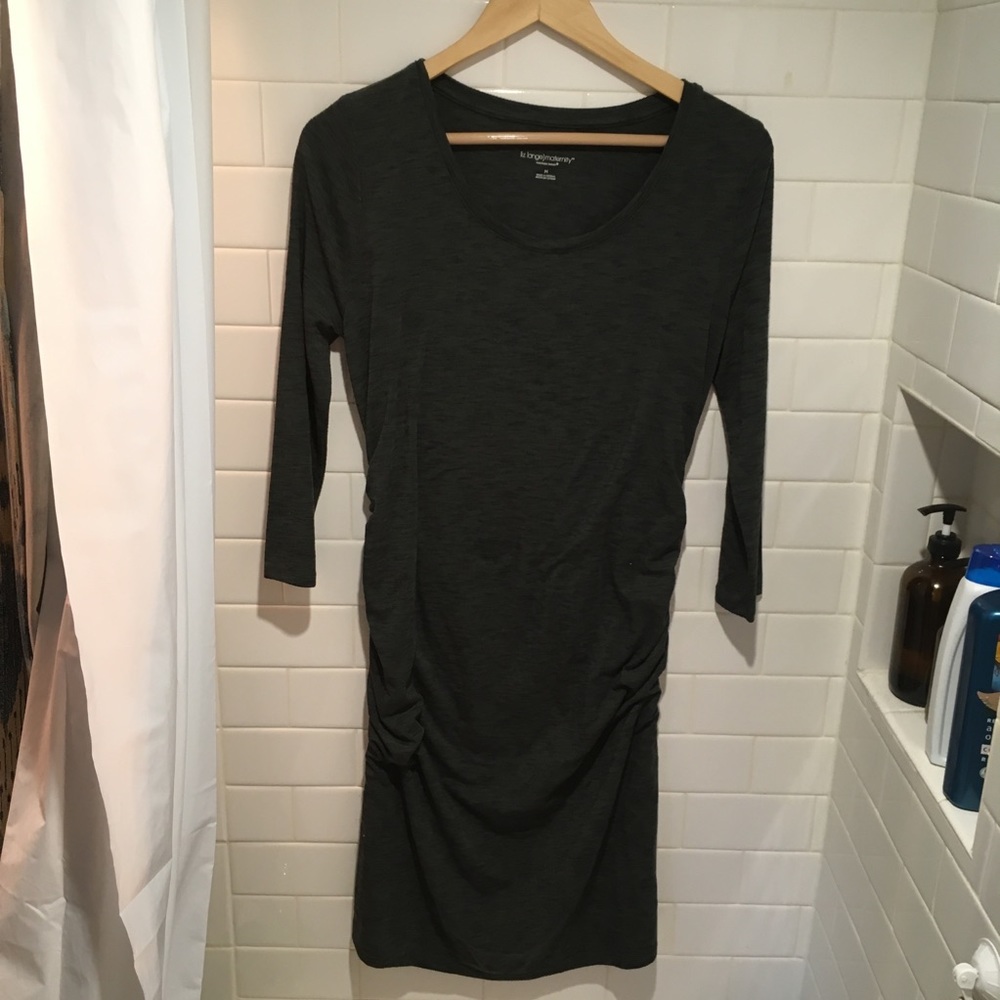 Maternity army green dress and blue cardigan